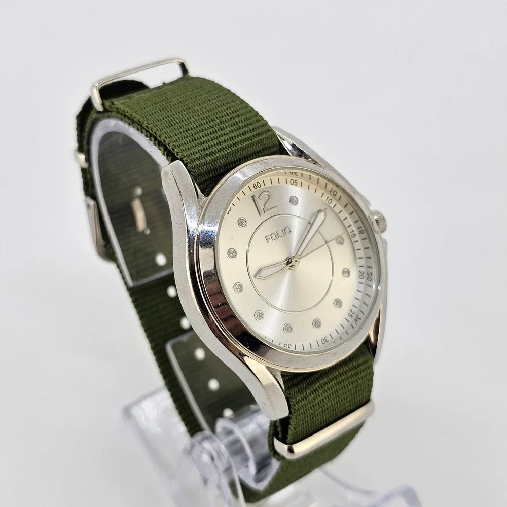 Folio Men's Analog Watch 38MM Gray Dial NEW Army Green Canvas Band NEW Battery